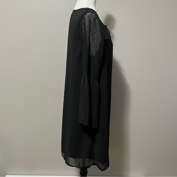Molly Bracken Sheer Shift Dress Sparkly Swiss Dot Pattern Bell Sleeves Black - Picture 4 of 7
